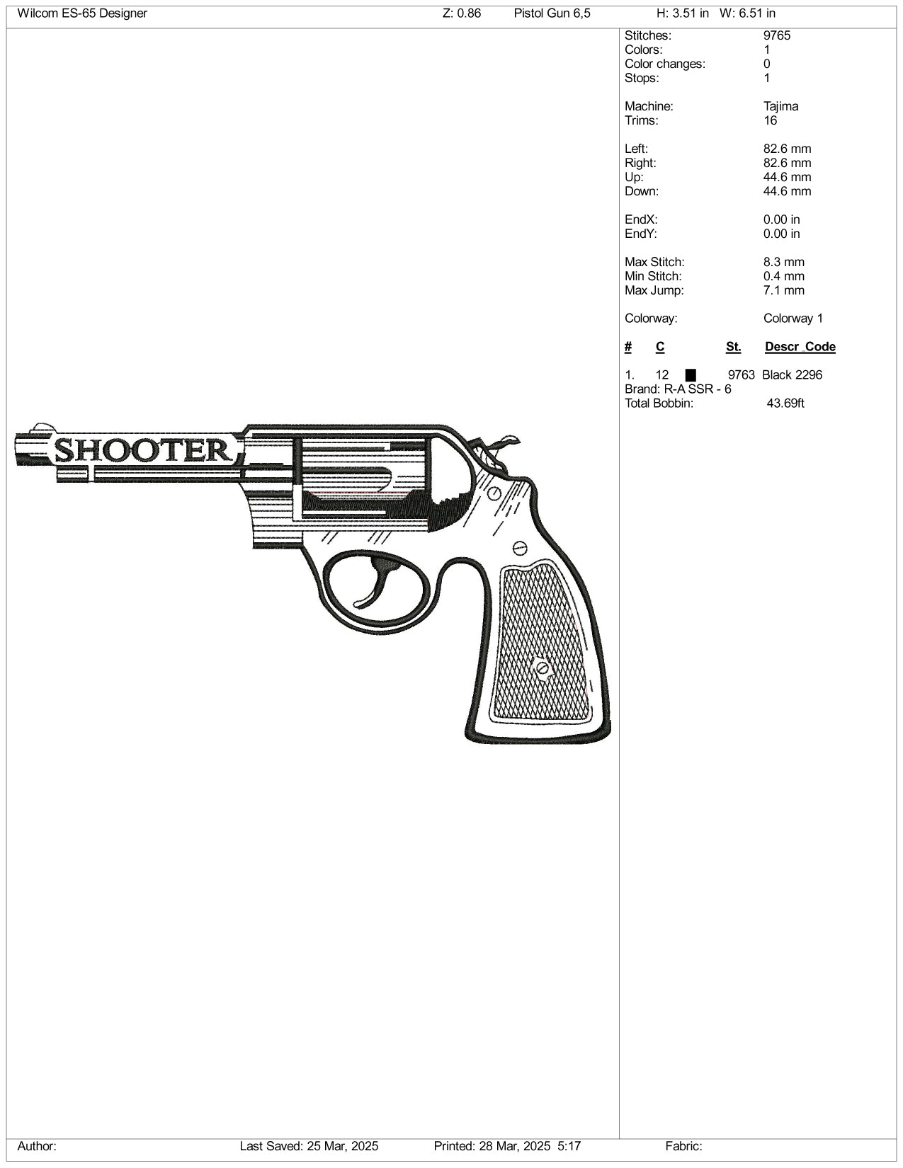 Revolver Gun Embroidery Design Files - 3 Size's
