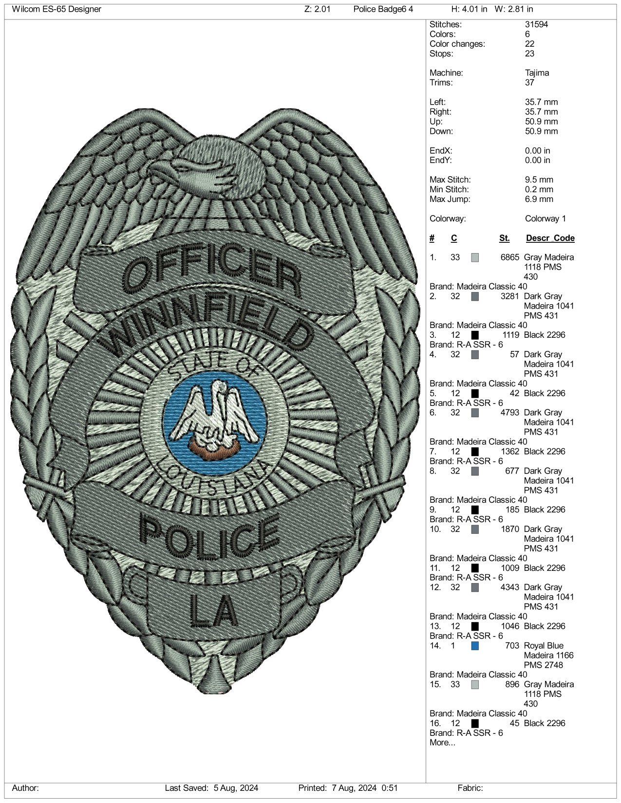 Police Badge v6 Embroidery Files - 3 Size's