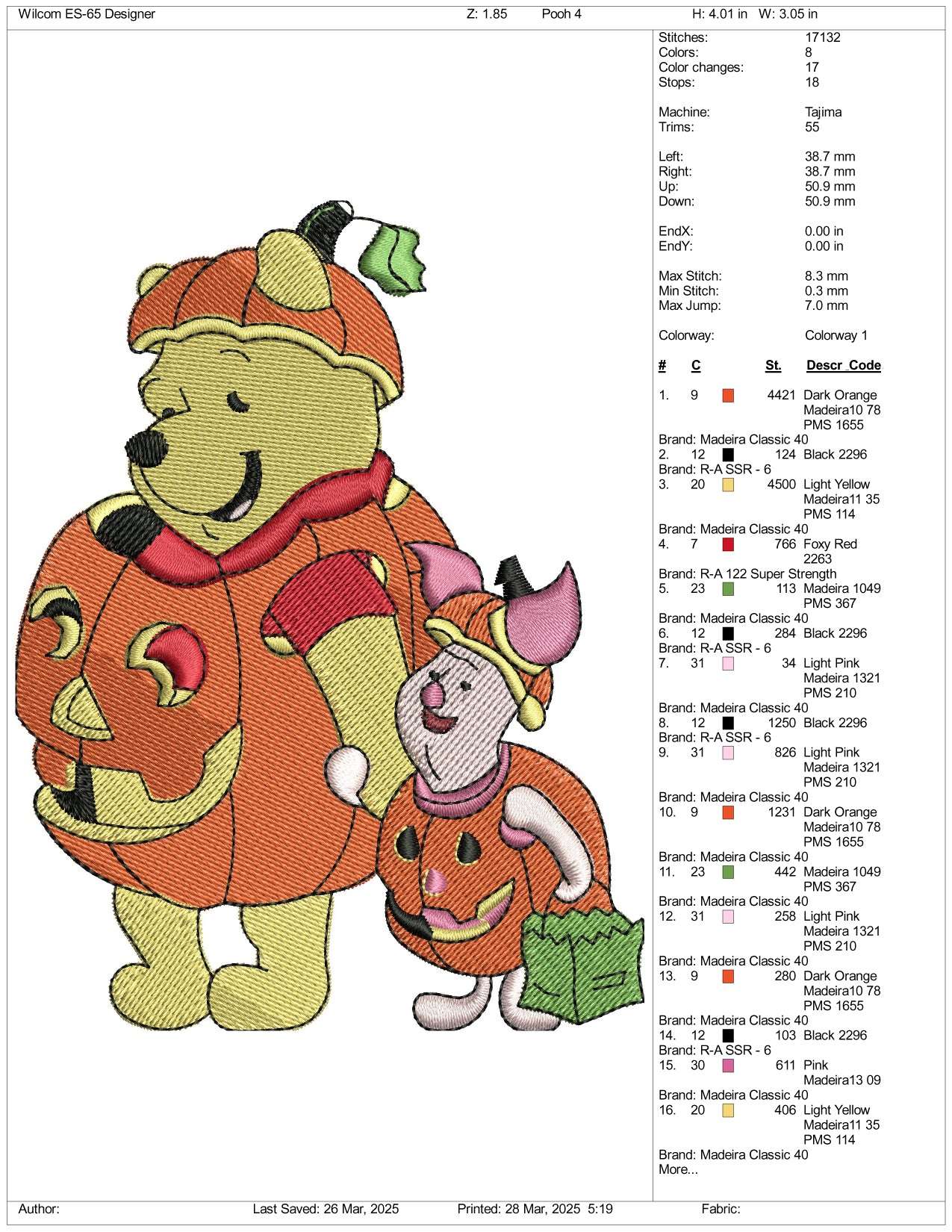 Pumpkin Pooh Embroidery Design Files - 3 Size's
