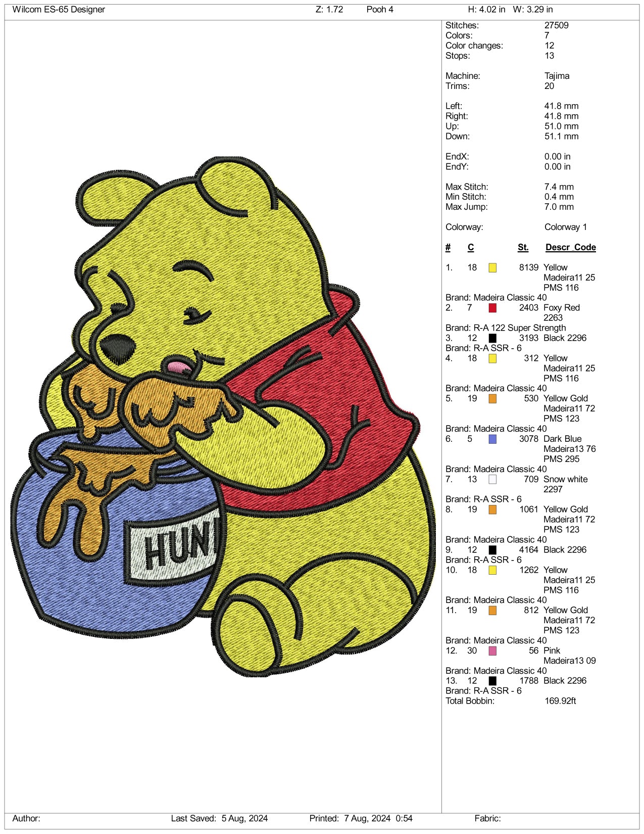 Honey Pooh Embroidery Files - 3 Size's