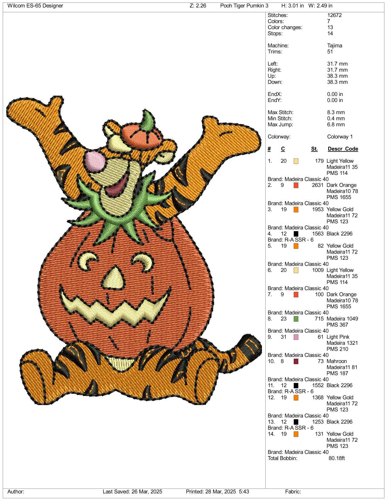Pumpkin Tiger Embroidery Design Files - 3 Size's