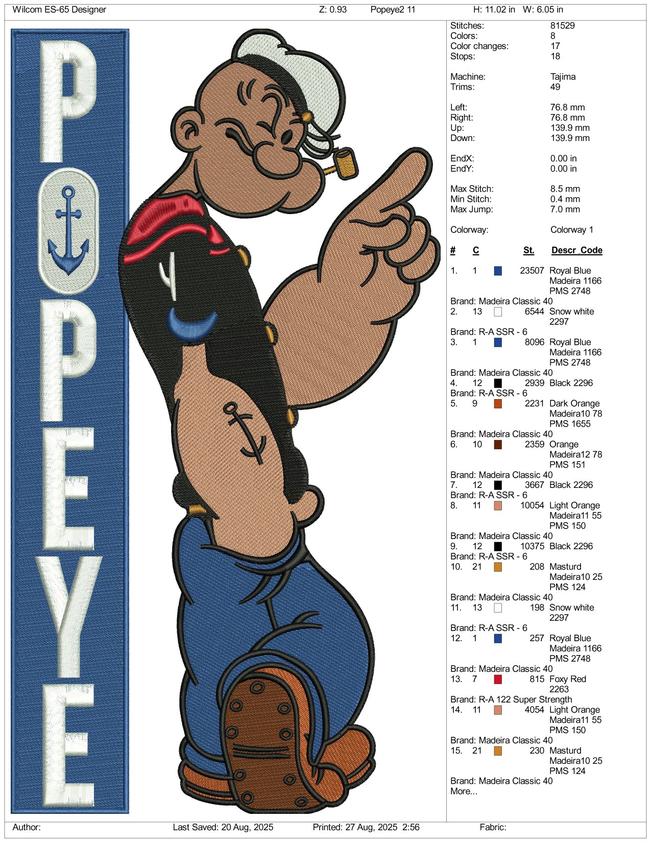 Popeye v3 Embroidery Design Files - 3 Size's