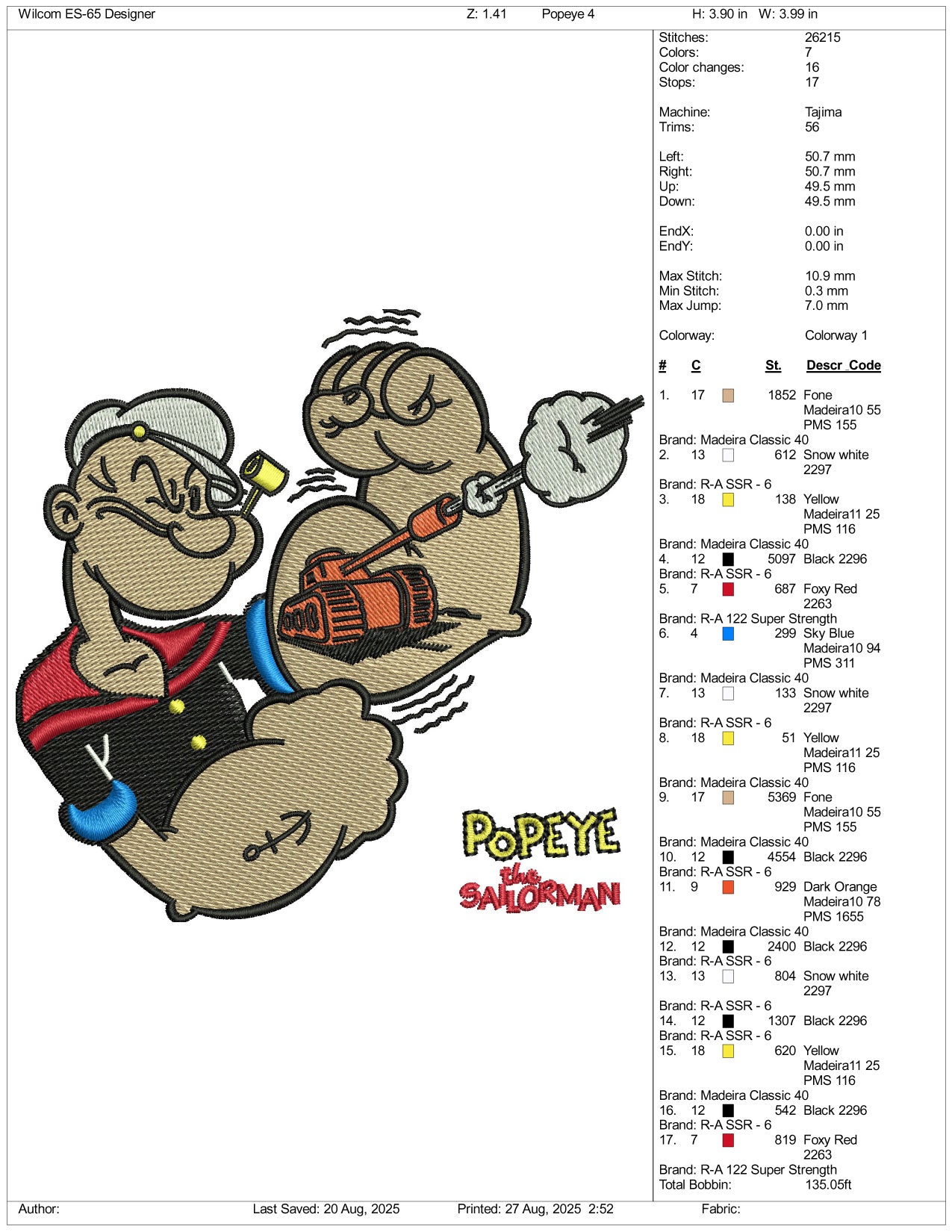 Popeye v2 Embroidery Design Files - 3 Size's