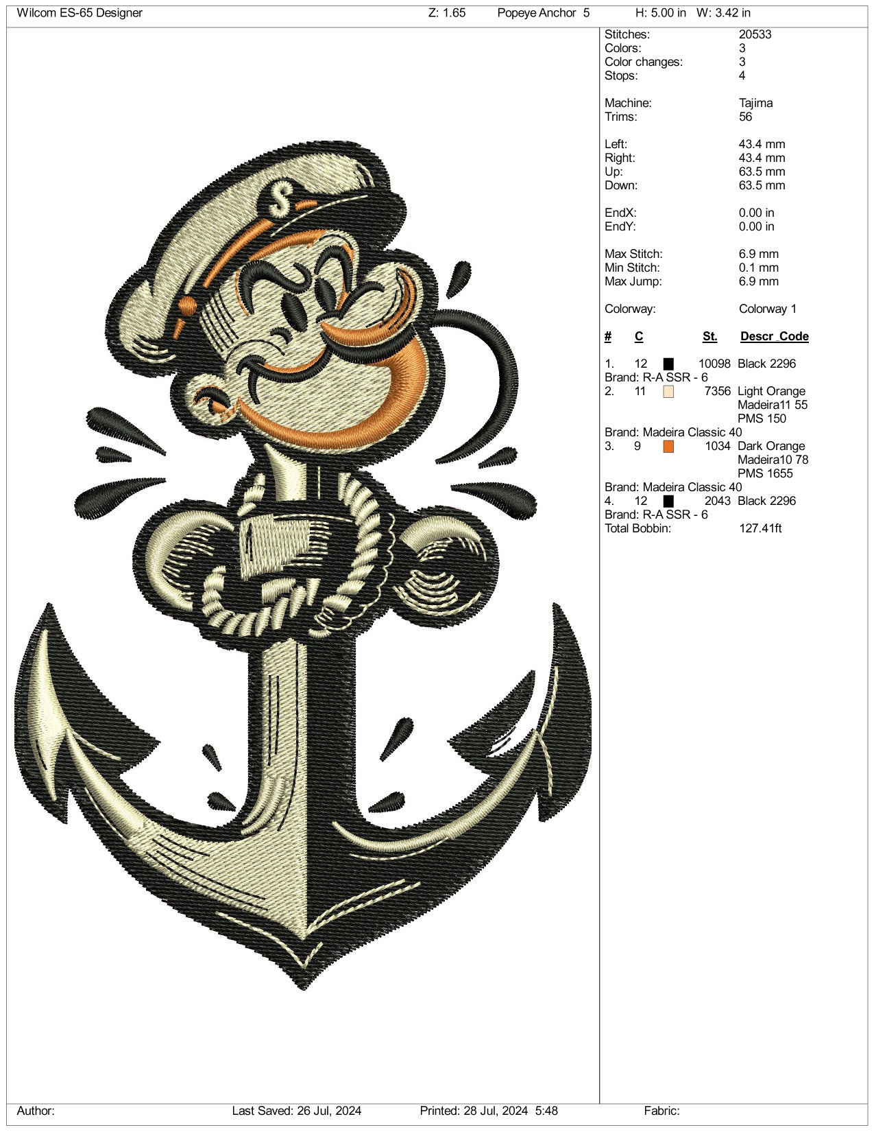 Popeye Anker Embroidery Files - 3 Size's
