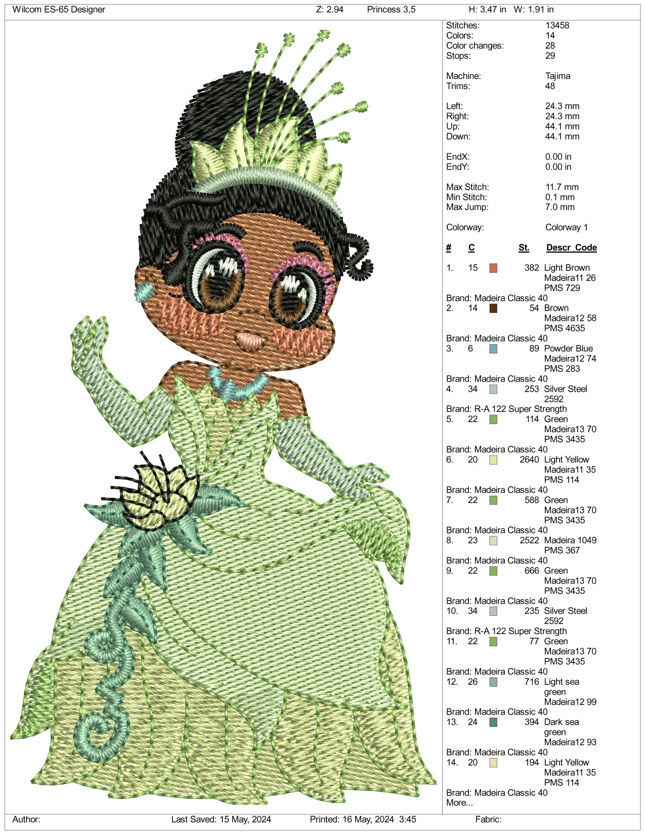 Chibi Princess Tiana Embroidery Design Files - 3 Size's
