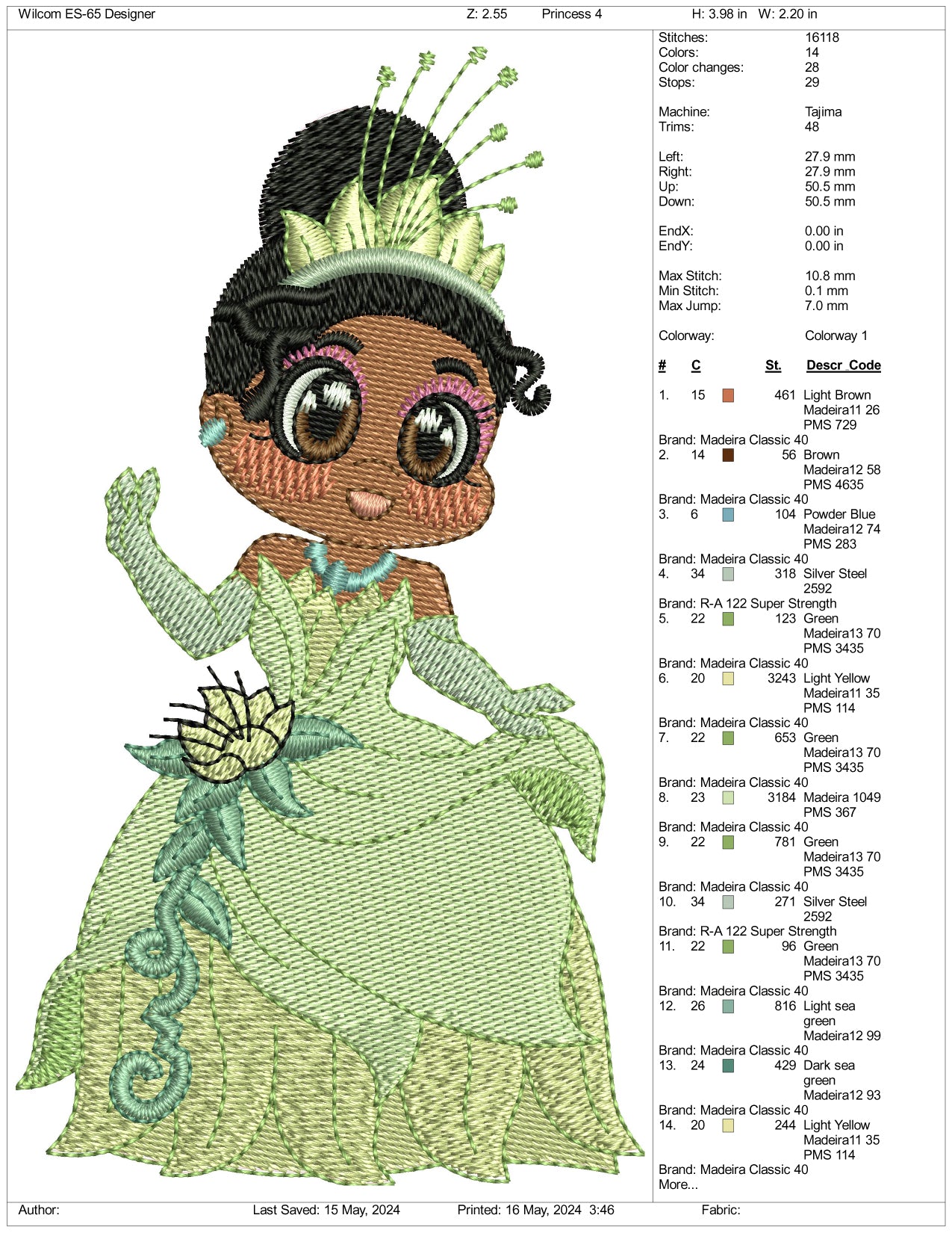 Chibi Princess Tiana Embroidery Design Files - 3 Size's