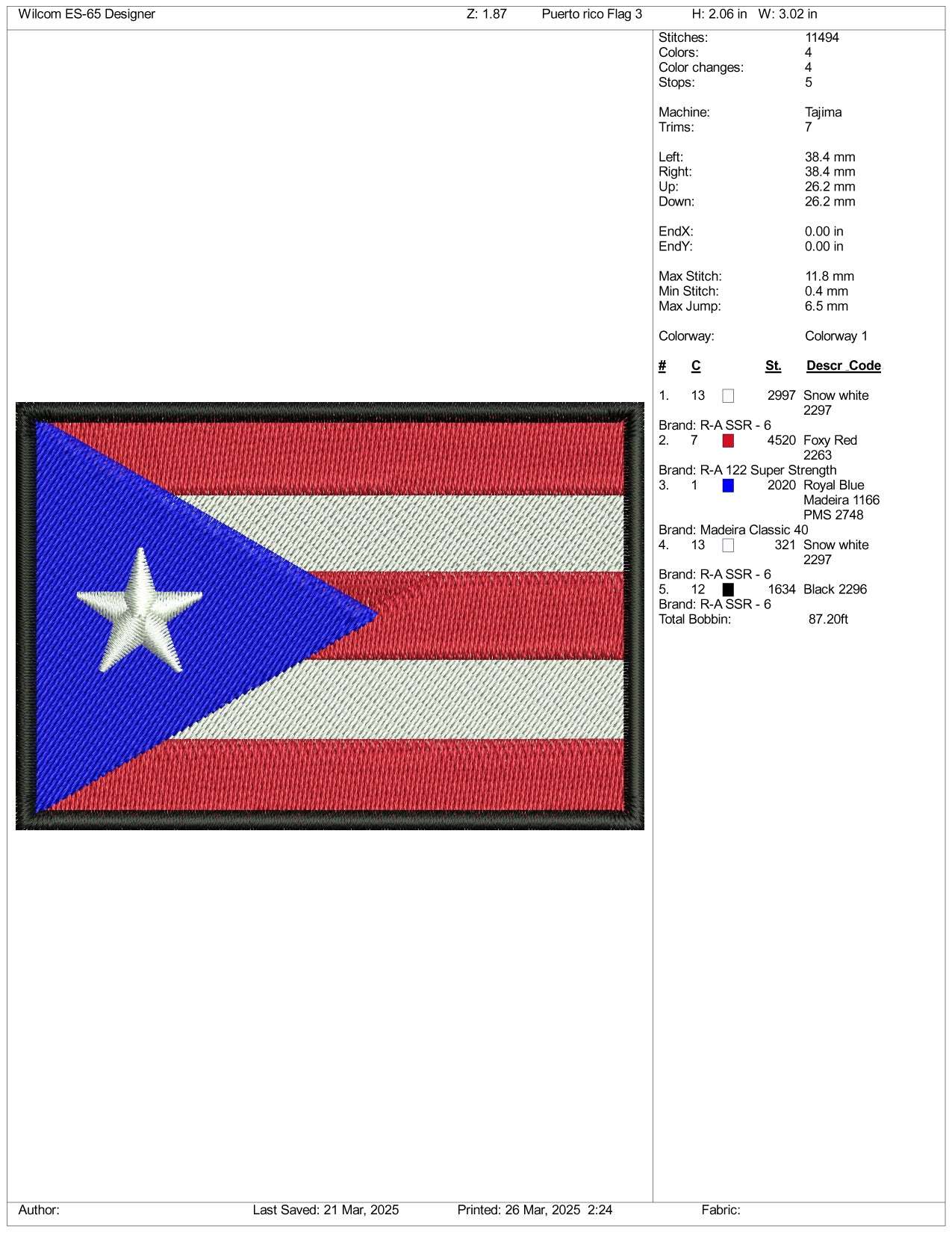 Puerto Rico Flag Embroidery Design Files - 3 Size's