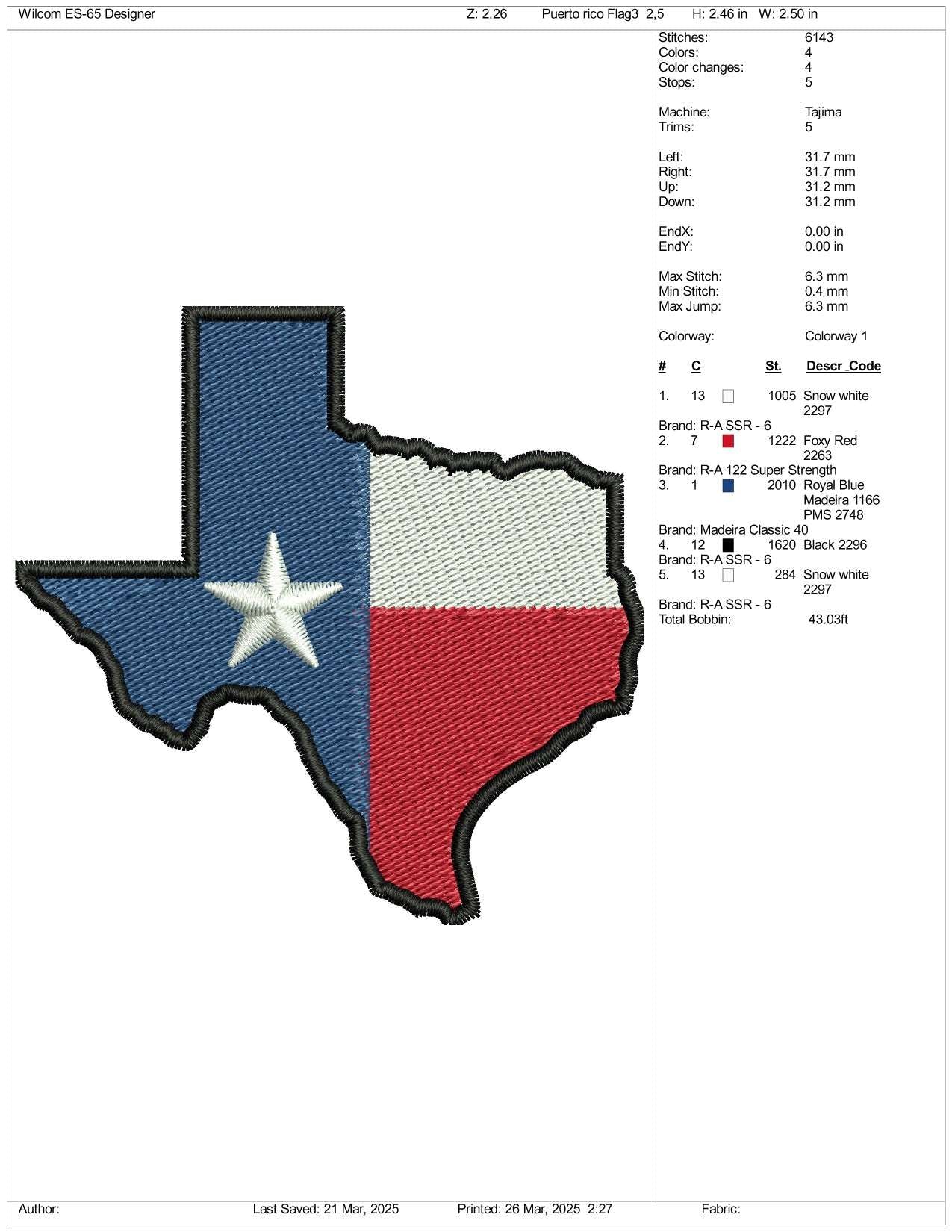Texas Map Flag Embroidery Design Files - 3 Size's