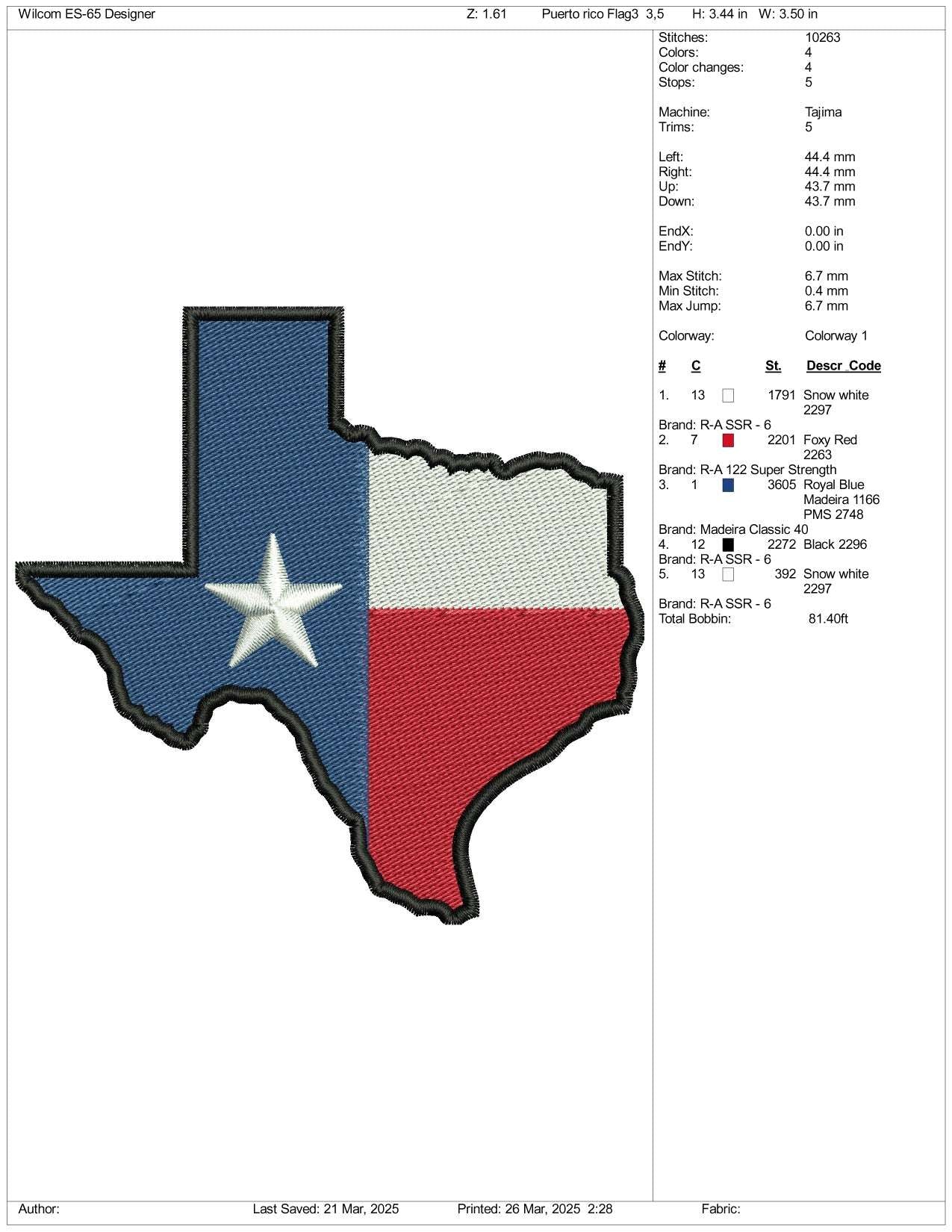 Texas Map Flag Embroidery Design Files - 3 Size's