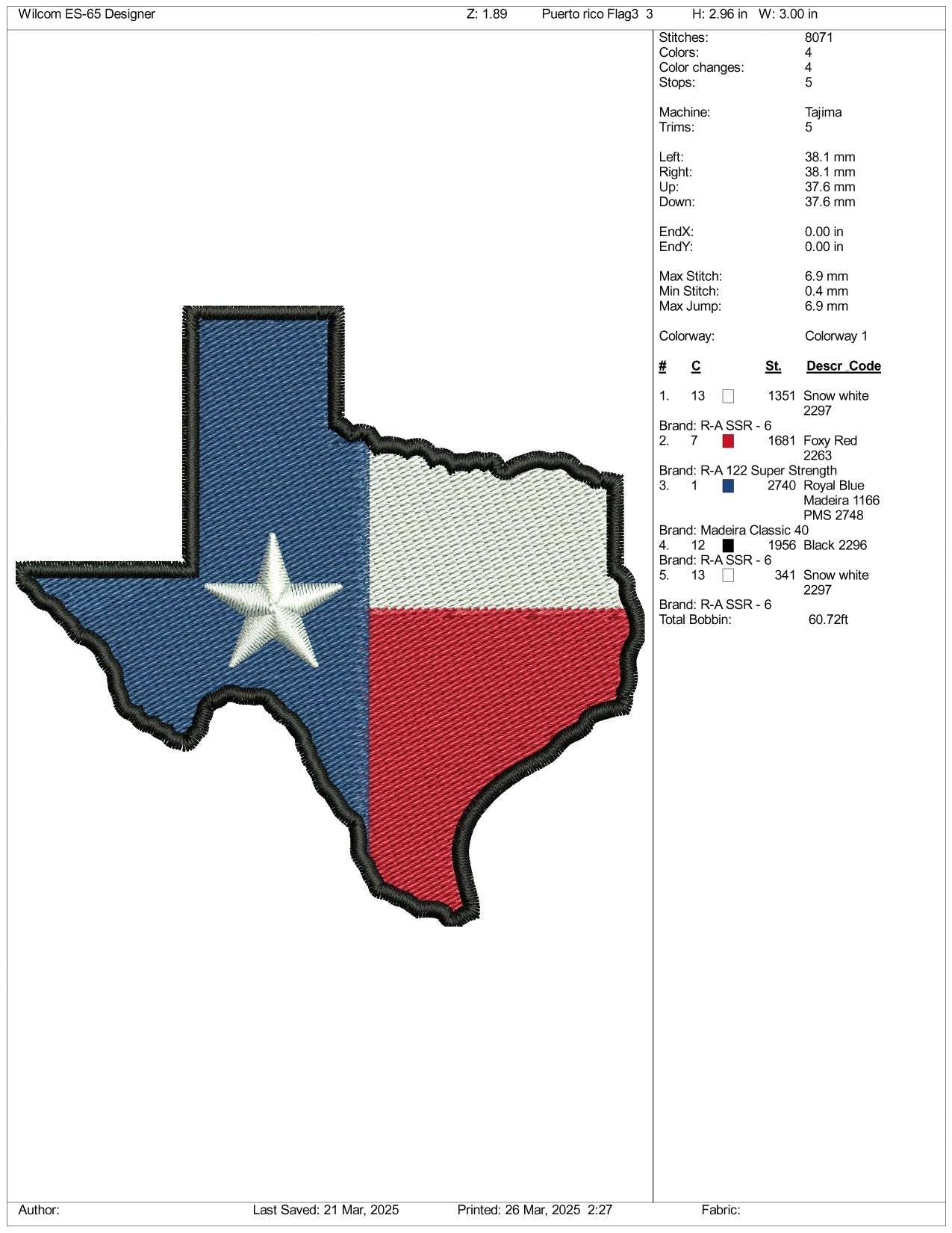Texas Map Flag Embroidery Design Files - 3 Size's