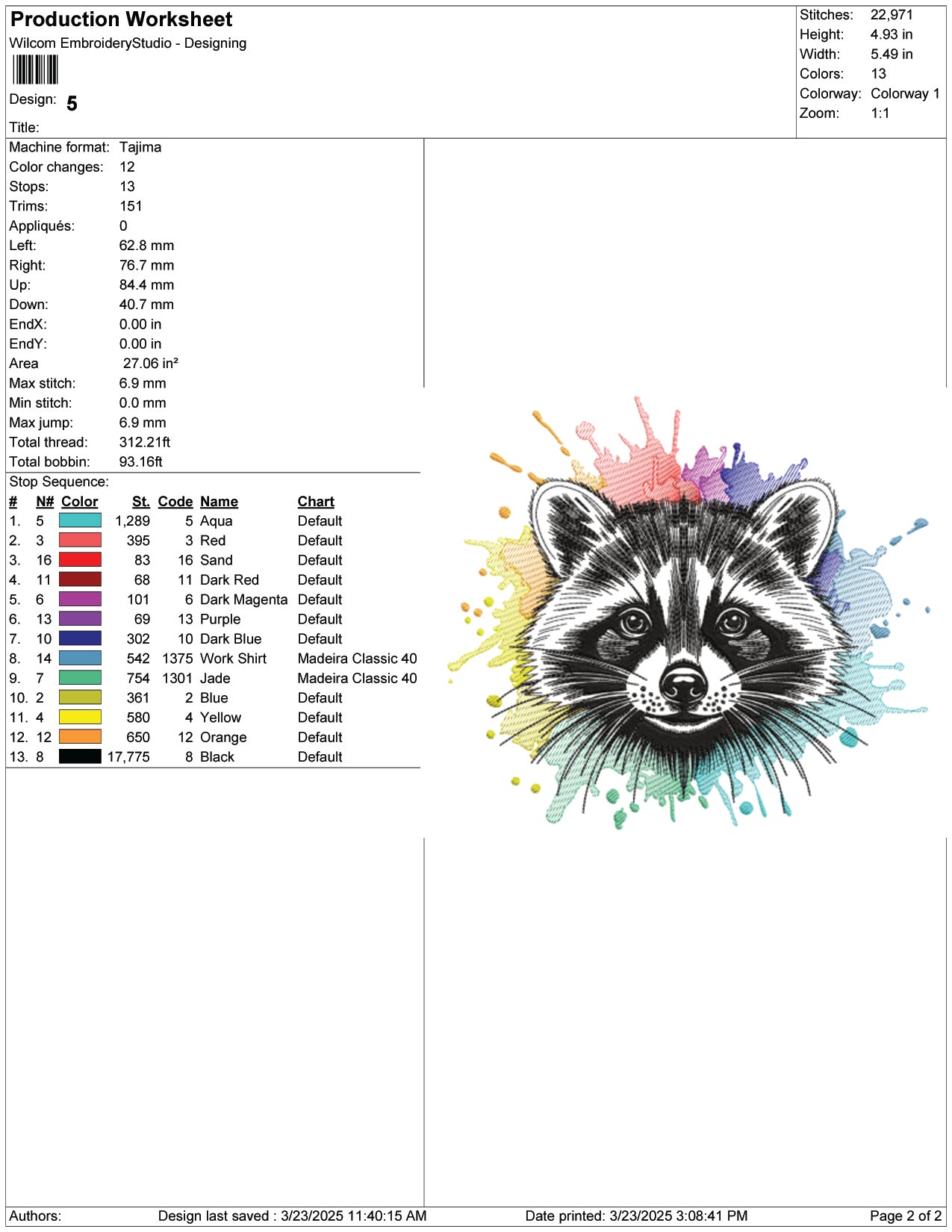 Rainbow Splash Raccoon Embroidery Design Files - 7 Size's