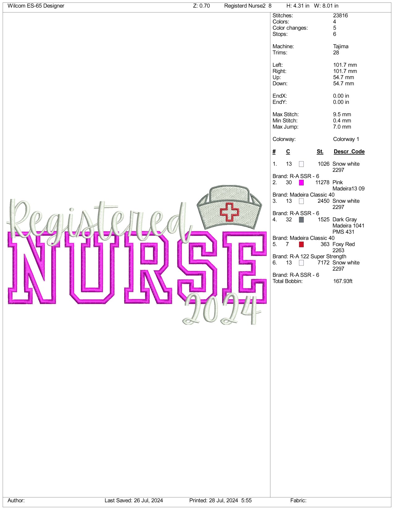 Registered Nurse 2024 Embroidery Files - 3 Size's