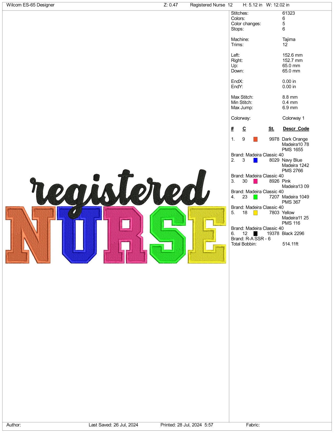 Archivos de bordado de enfermera registrada - 3 tamaños