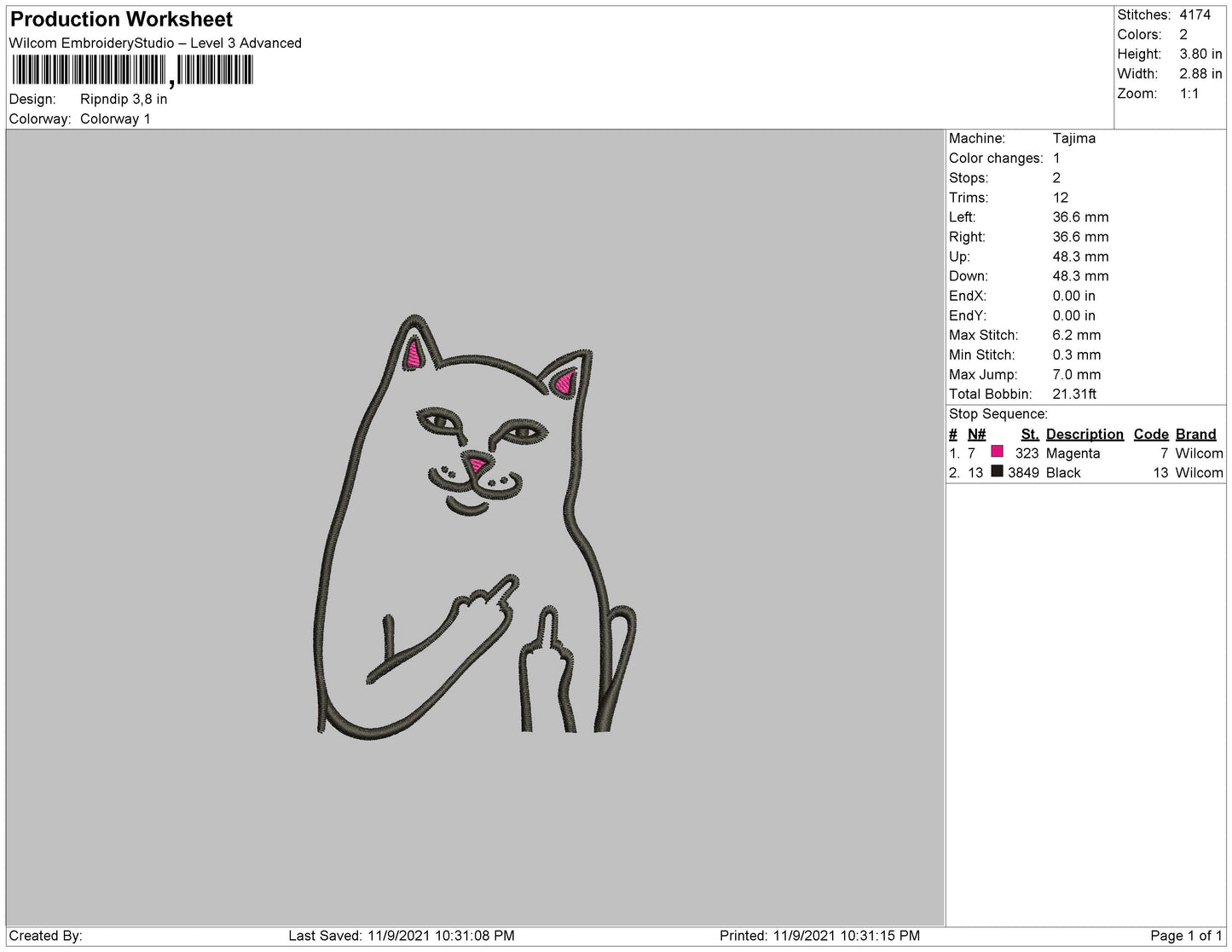 Middle Finger Cat Embroidery Design Files - 4 Size's