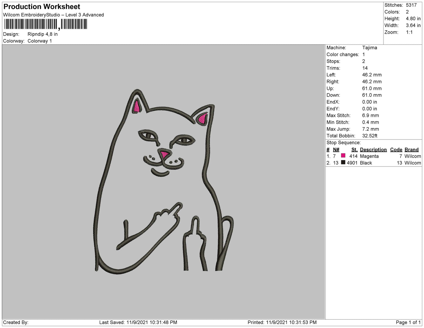 Middle Finger Cat Embroidery Design Files - 4 Size's
