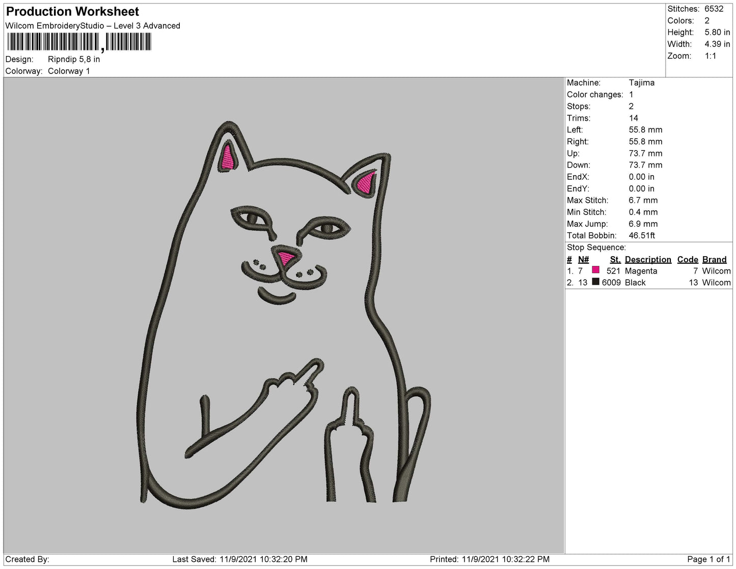 Middle Finger Cat Embroidery Design Files - 4 Size's