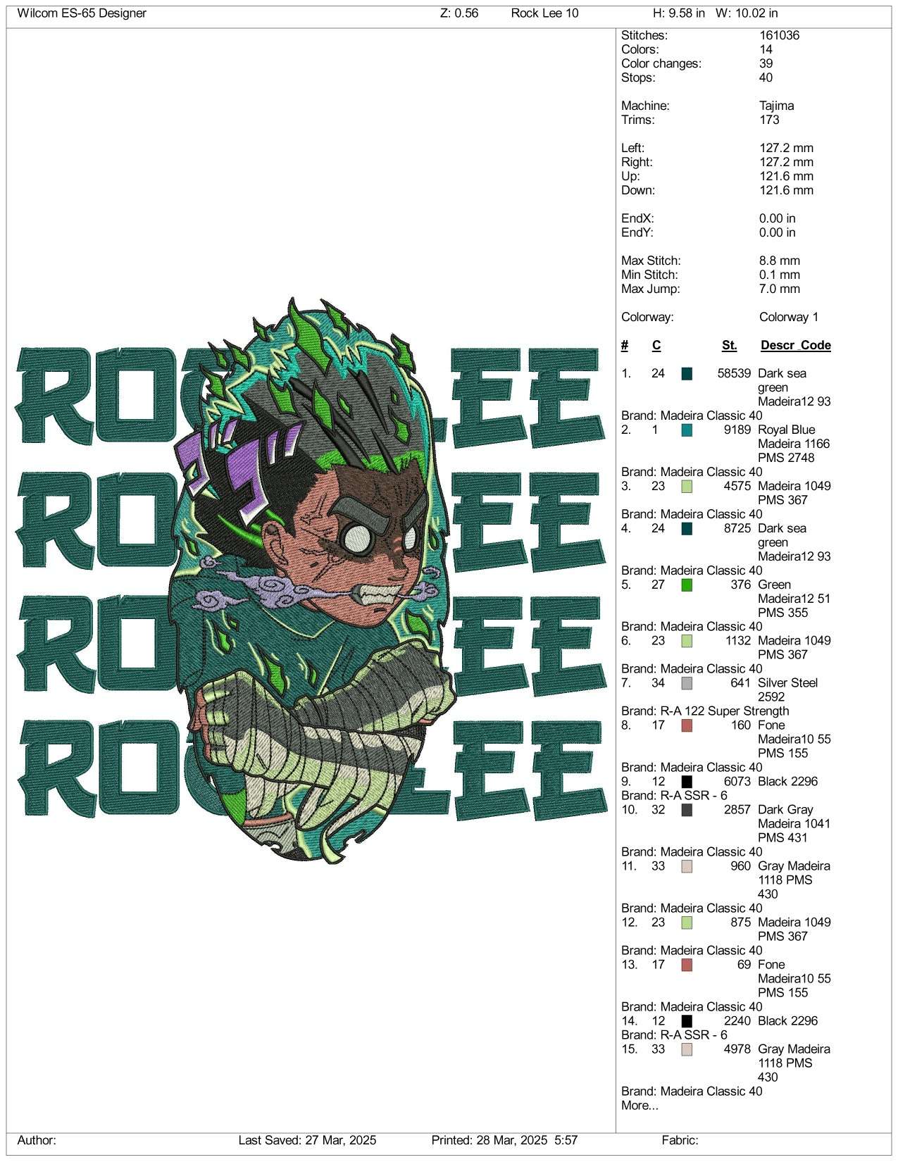 Naruto Rock Lee v2 Embroidery Design Files - 3 Size's