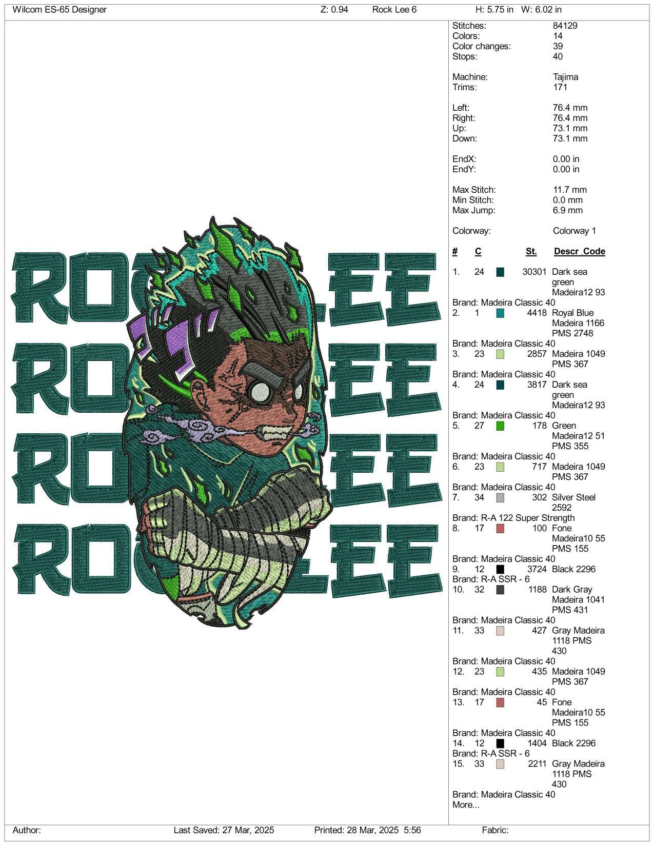 Naruto Rock Lee v2 Embroidery Design Files - 3 Size's