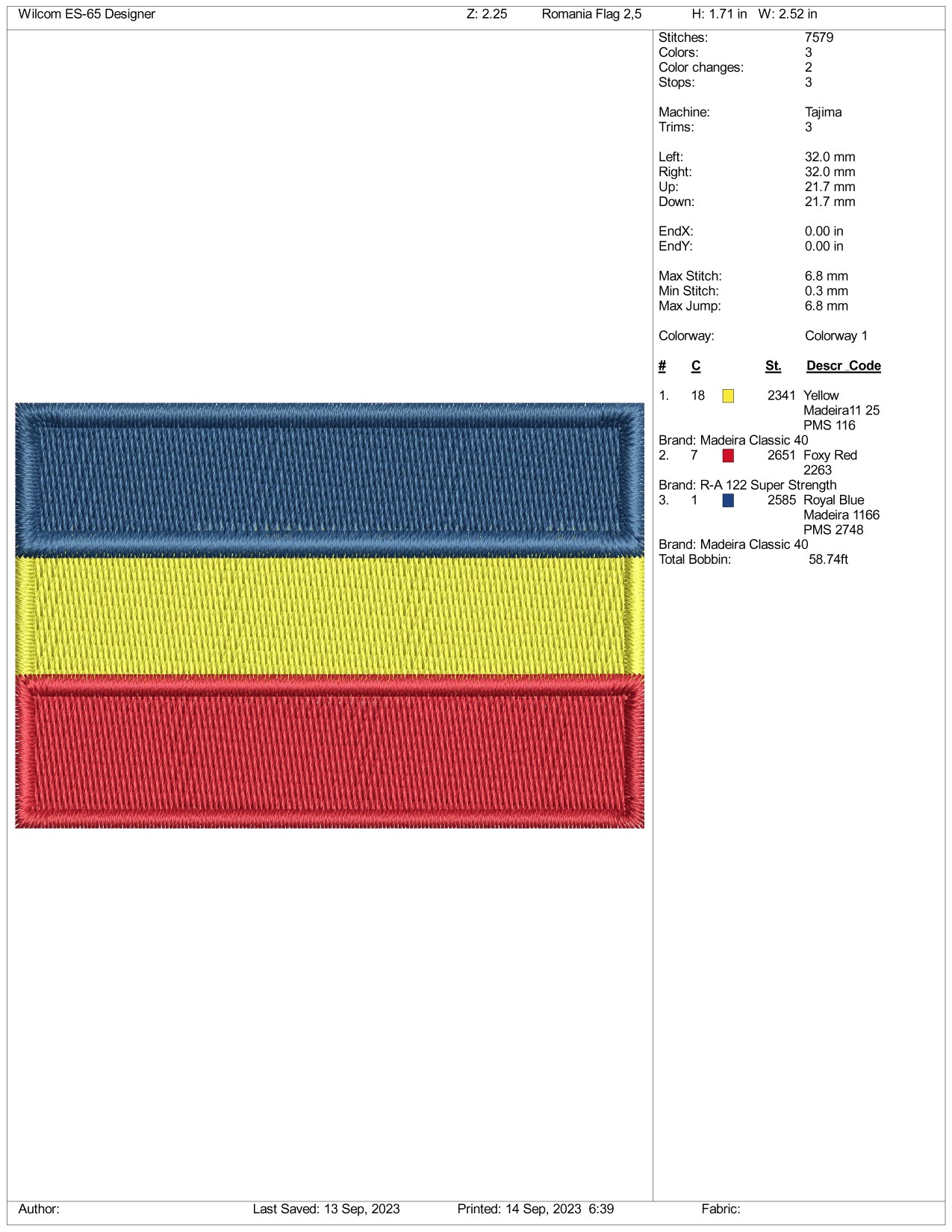 Archivos de diseño de bordado de la bandera de Rumania - 3 tamaños