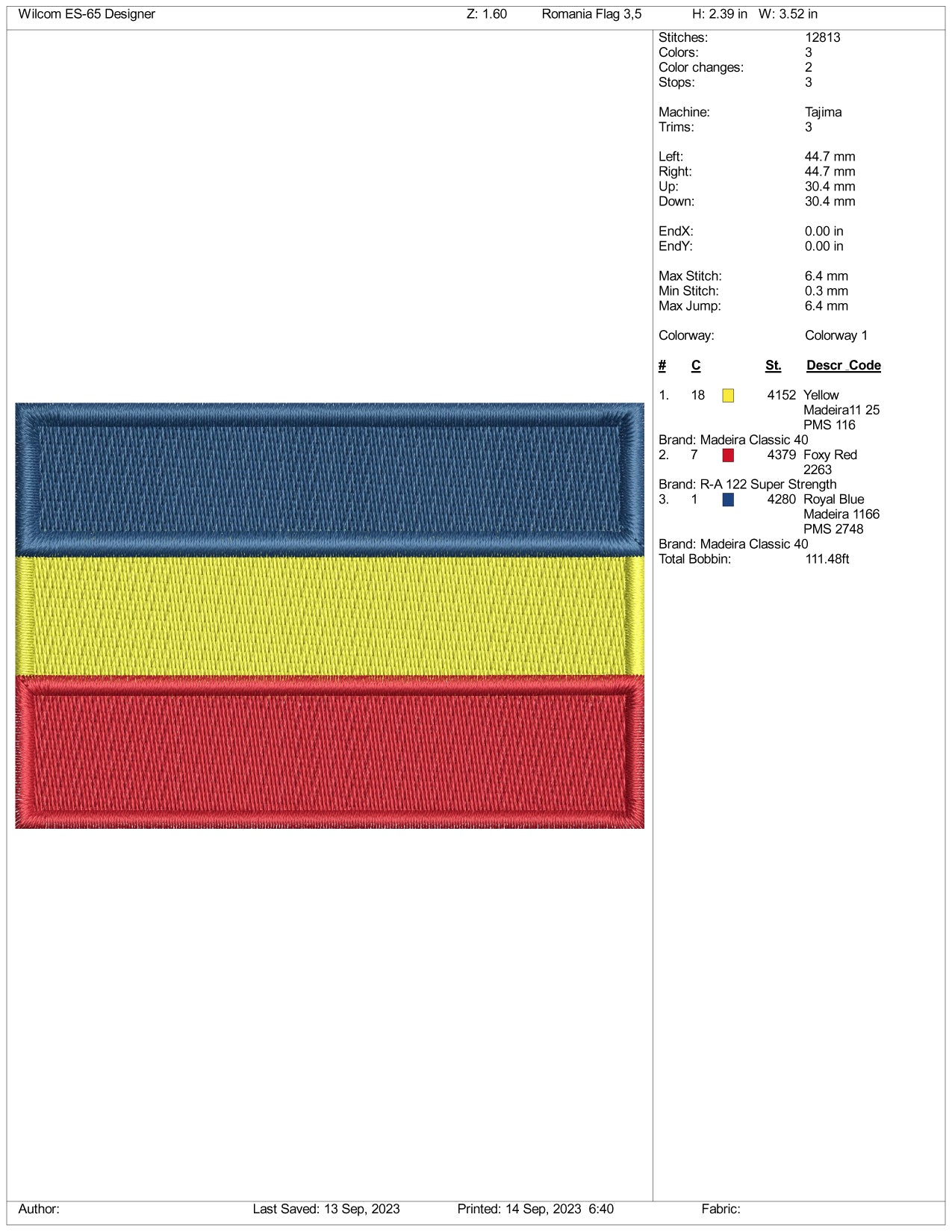 Archivos de diseño de bordado de la bandera de Rumania - 3 tamaños