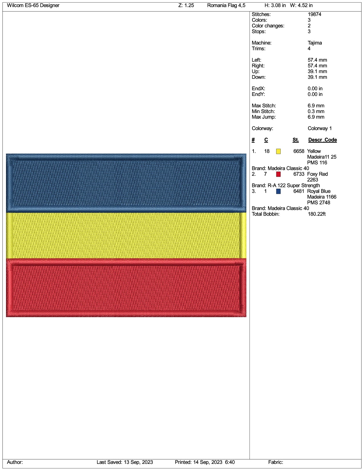Archivos de diseño de bordado de la bandera de Rumania - 3 tamaños