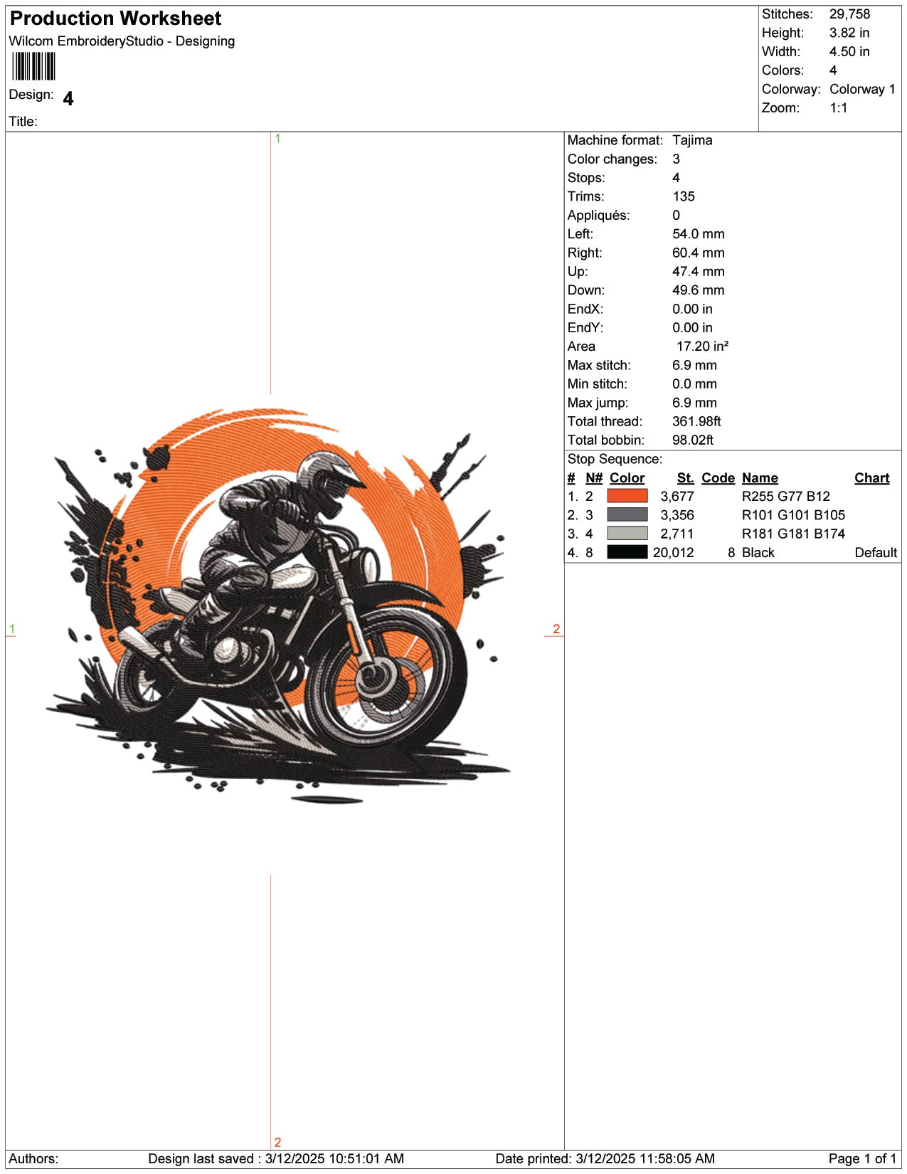Rush Motorcycle Embroidery Design Files - 9 Size's