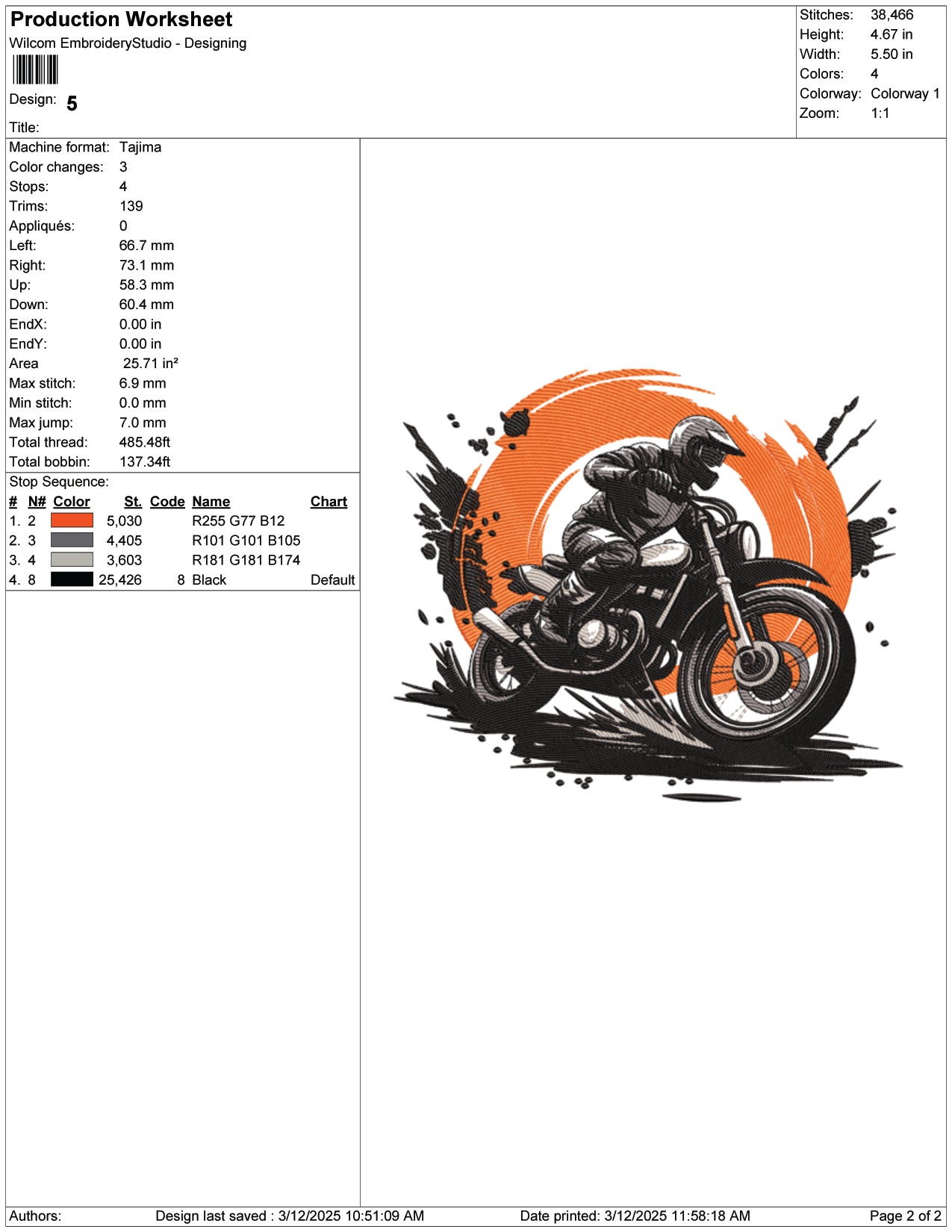 Rush Motorcycle Embroidery Design Files - 9 Size's