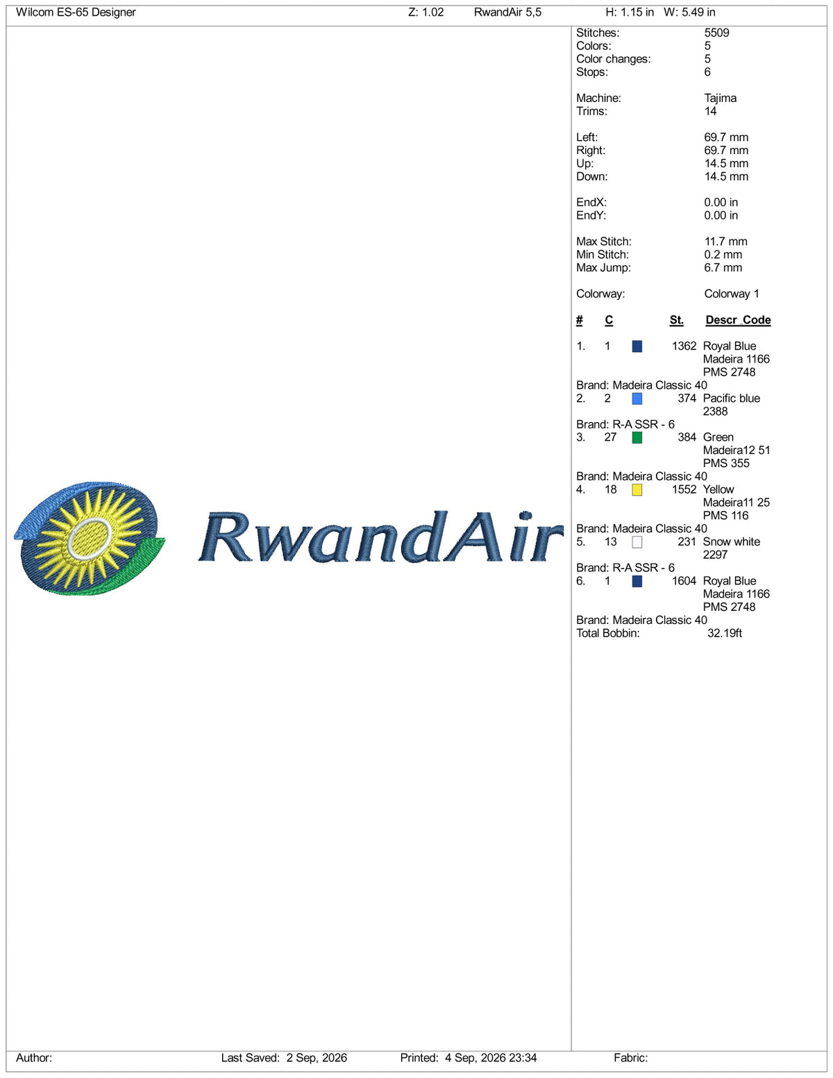 RwandAir Logo Embroidery Design Files - 3 Size's