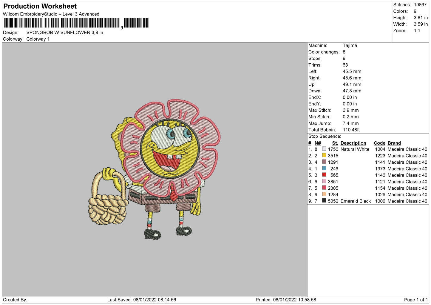 Spongbob Sunflower Embroidery Design Files - 4 Size's