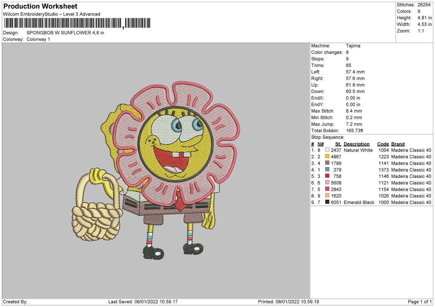 Spongbob Sunflower Embroidery Design Files - 4 Size's