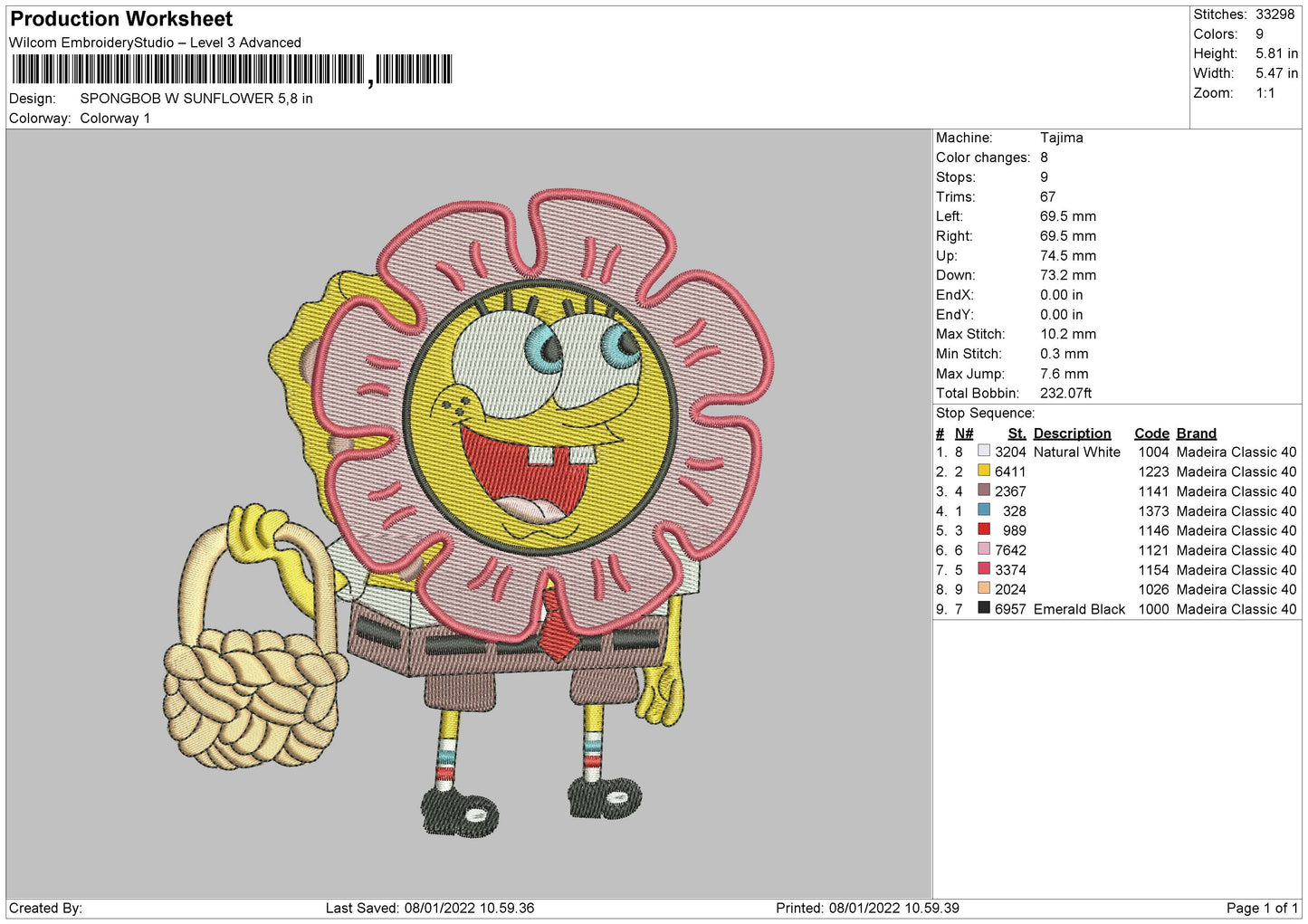 Spongbob Sunflower Embroidery Design Files - 4 Size's