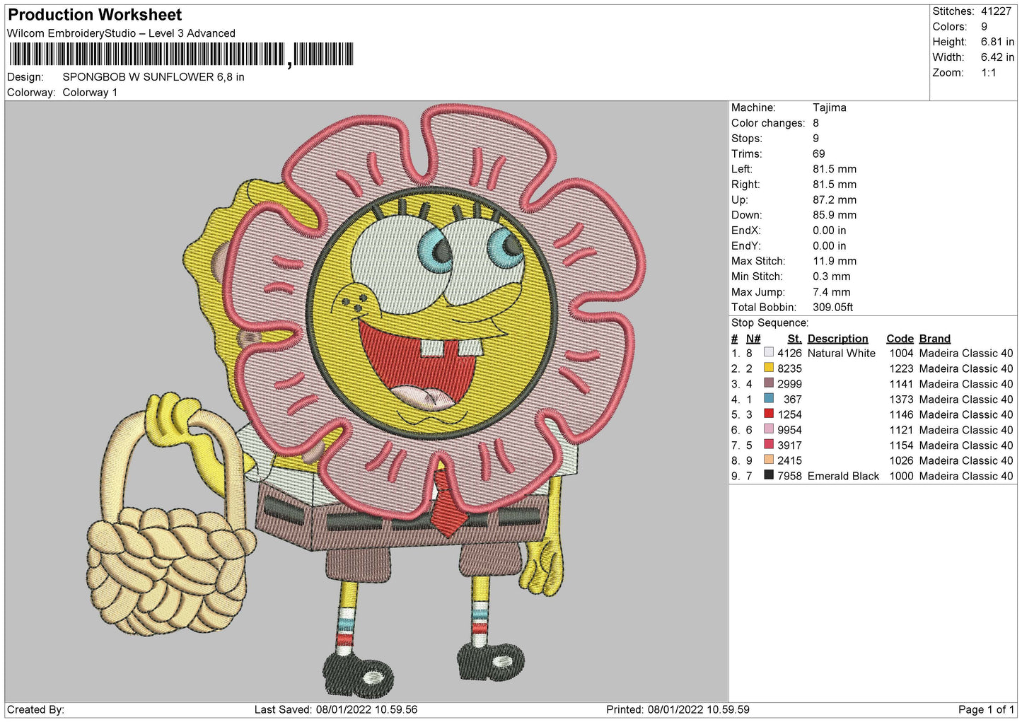 Spongbob Sunflower Embroidery Design Files - 4 Size's