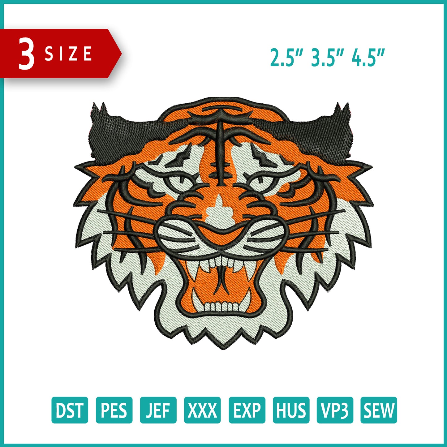 Archivos de diseño de bordado de cara de tigre - 3 tamaños