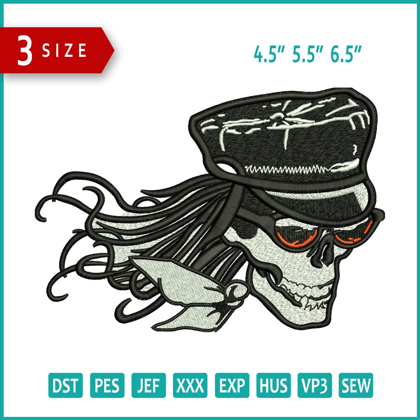 Archivos de diseño de bordado de calavera pirata - 3 tamaños