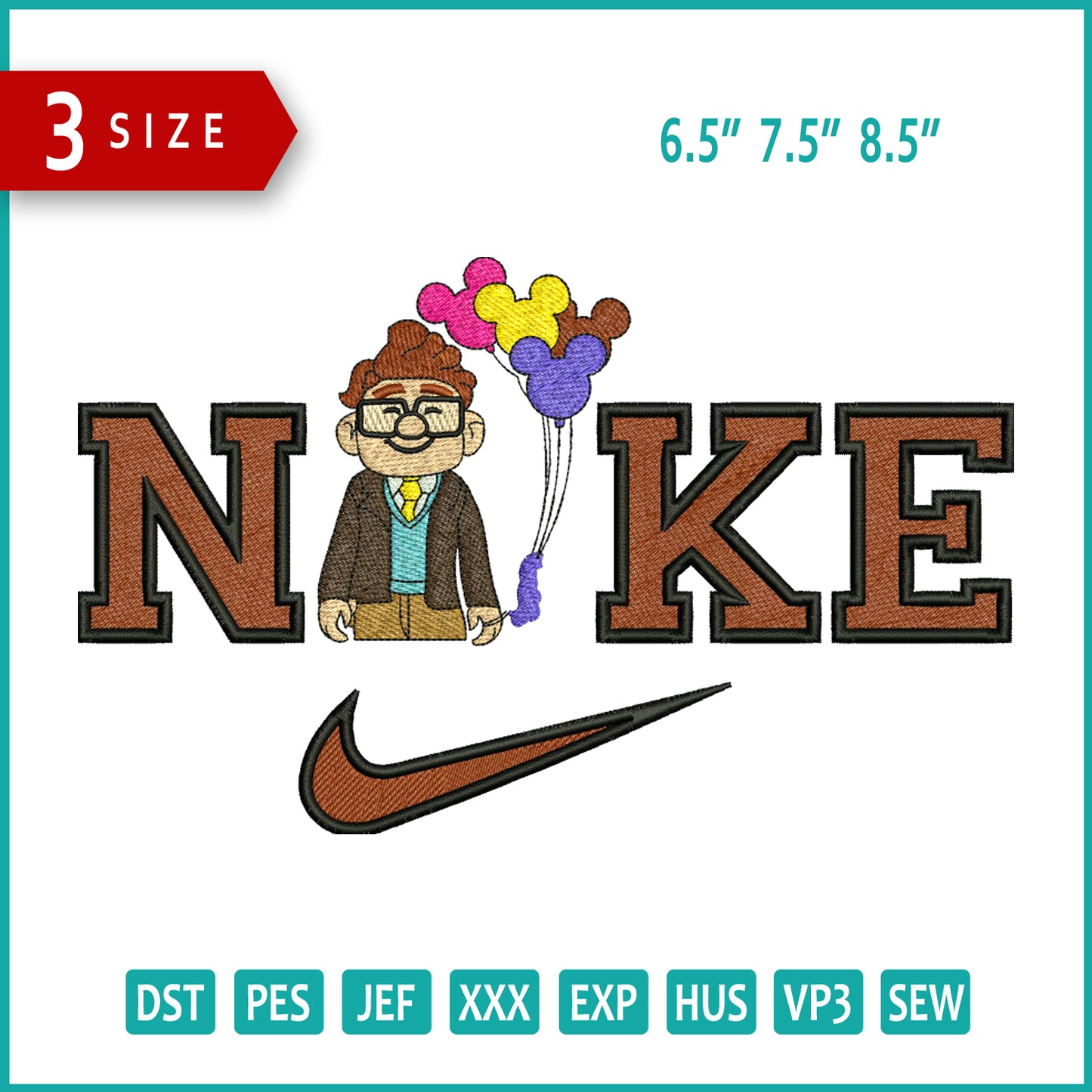 Archivos de diseño de bordado Nike Carl Fredricksen (3 tamaños)