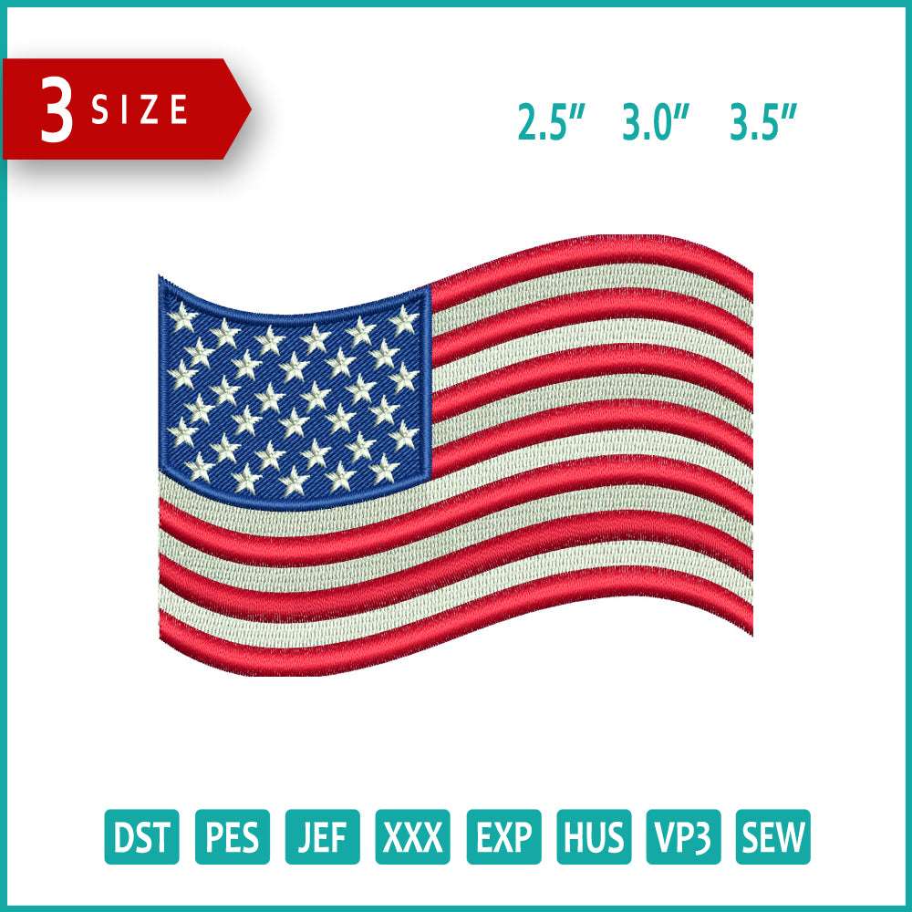 United States USA Flag v2 Embroidery Design Files - 3 Size's