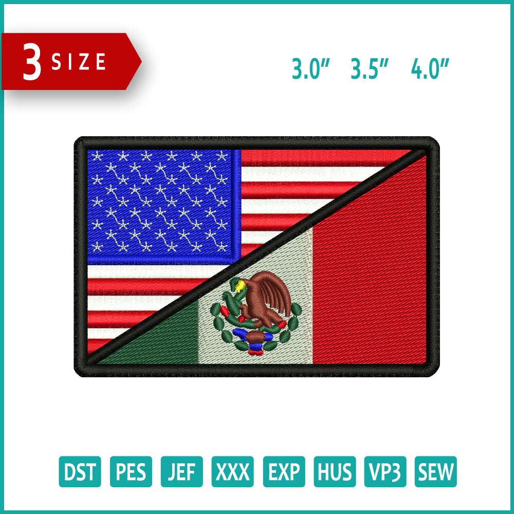 Mix USA & Mexico Flag v2 Embroidery Design Files - 3 Size's