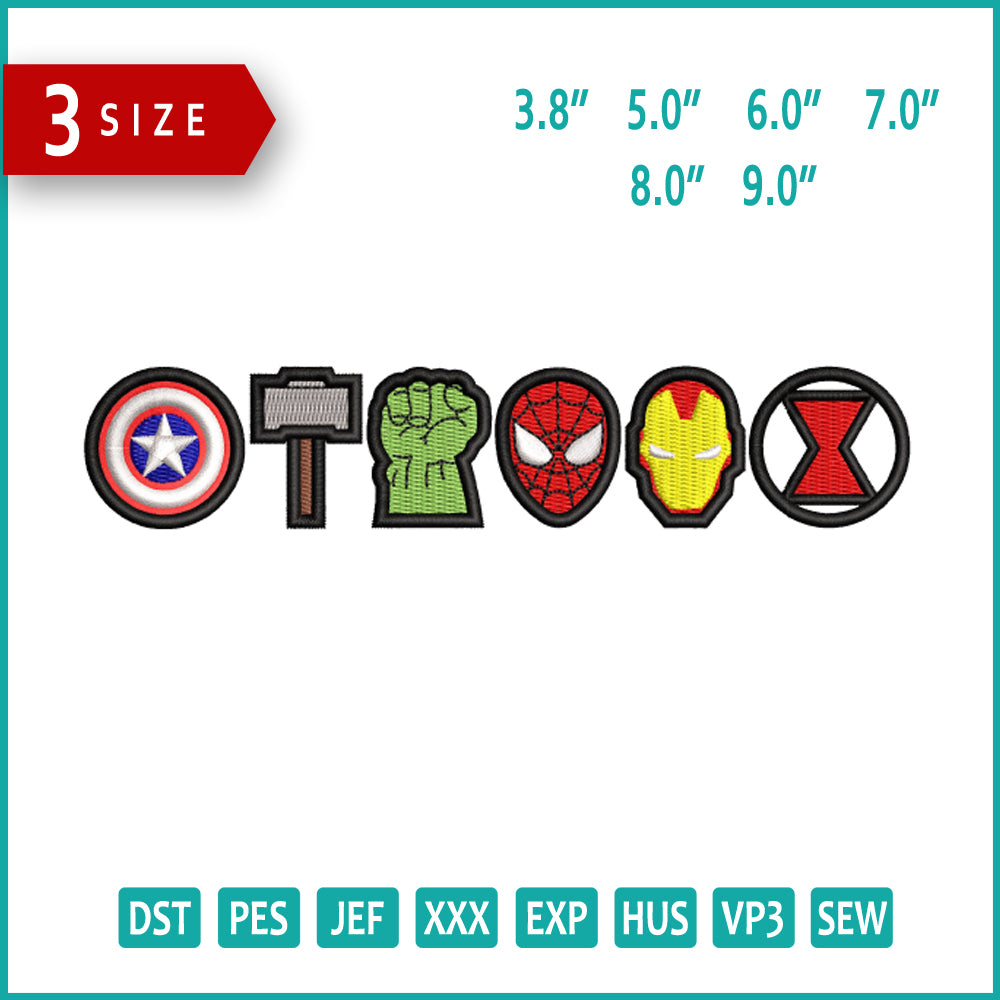 Marvel Superheros Logos Embroidery Design Files - 6 Size's