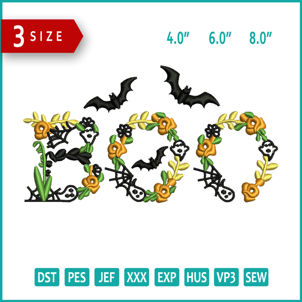 Floral Vampire Boo Embroidery Design Files - 3 Size's