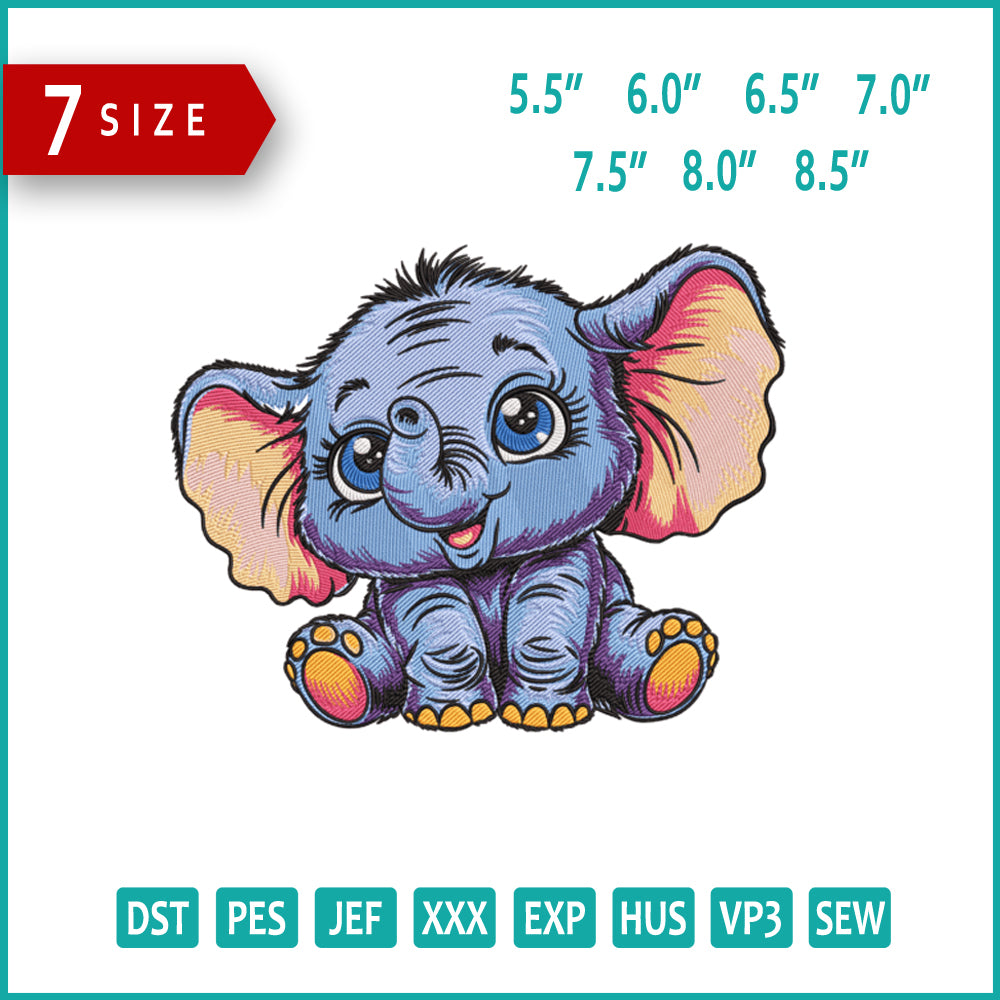 Baby Elephant Embroidery Design Files - 7 Size's