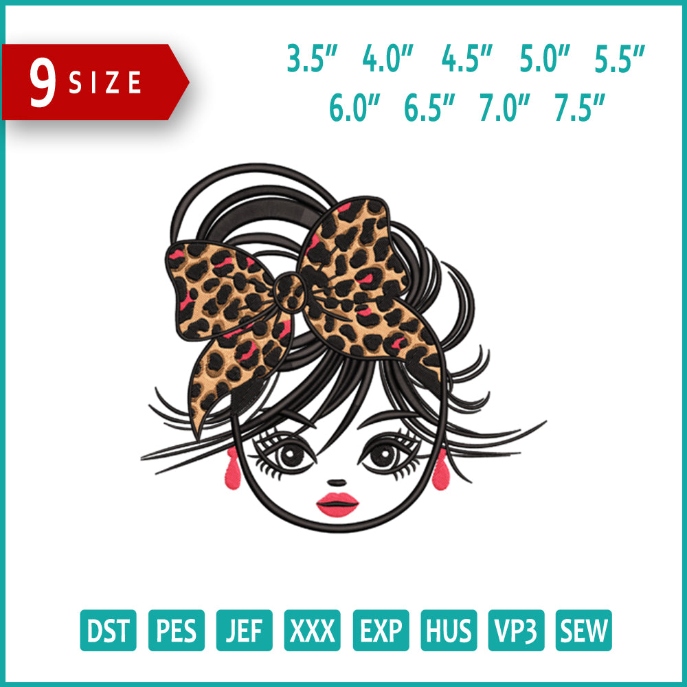 Girl with Leopard Bow Embroidery Design Files - 9 Size's