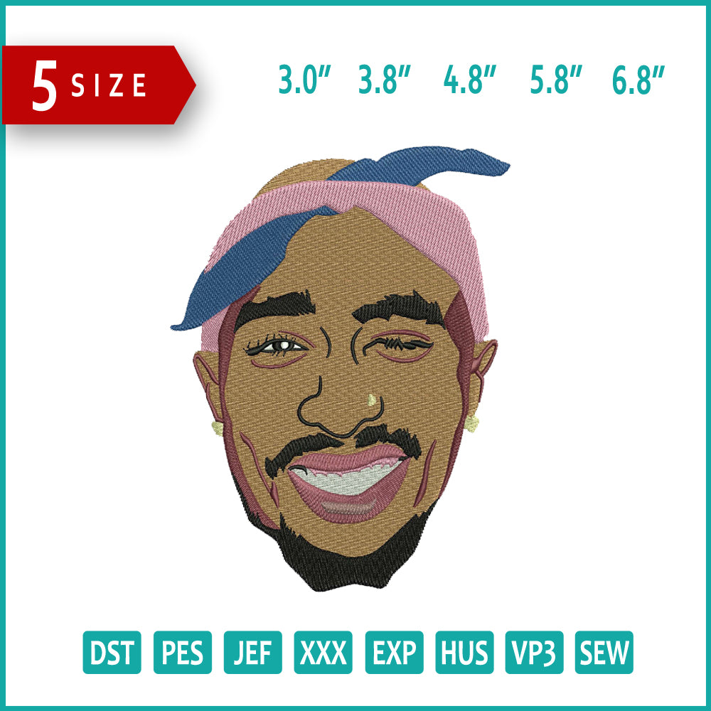 Tupac Smile Embroidery Design Files - 5 Size's