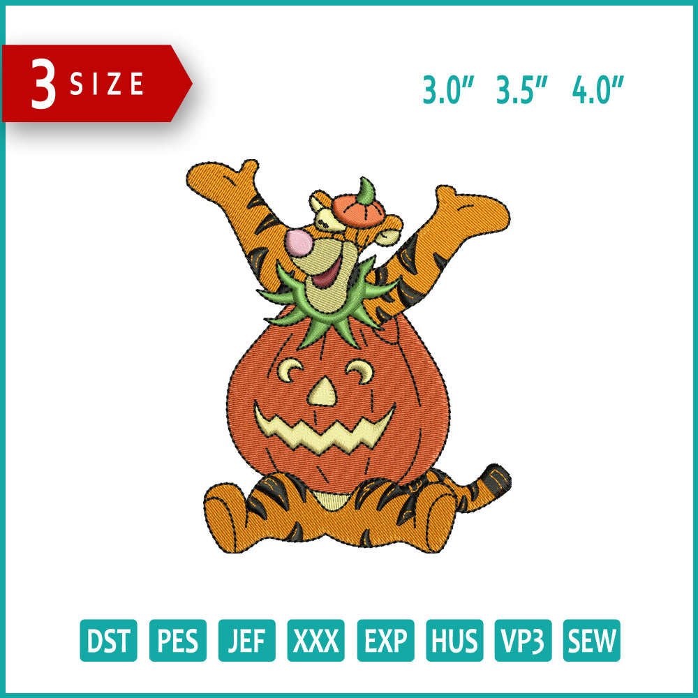 Pumpkin Tiger Embroidery Design Files - 3 Size's