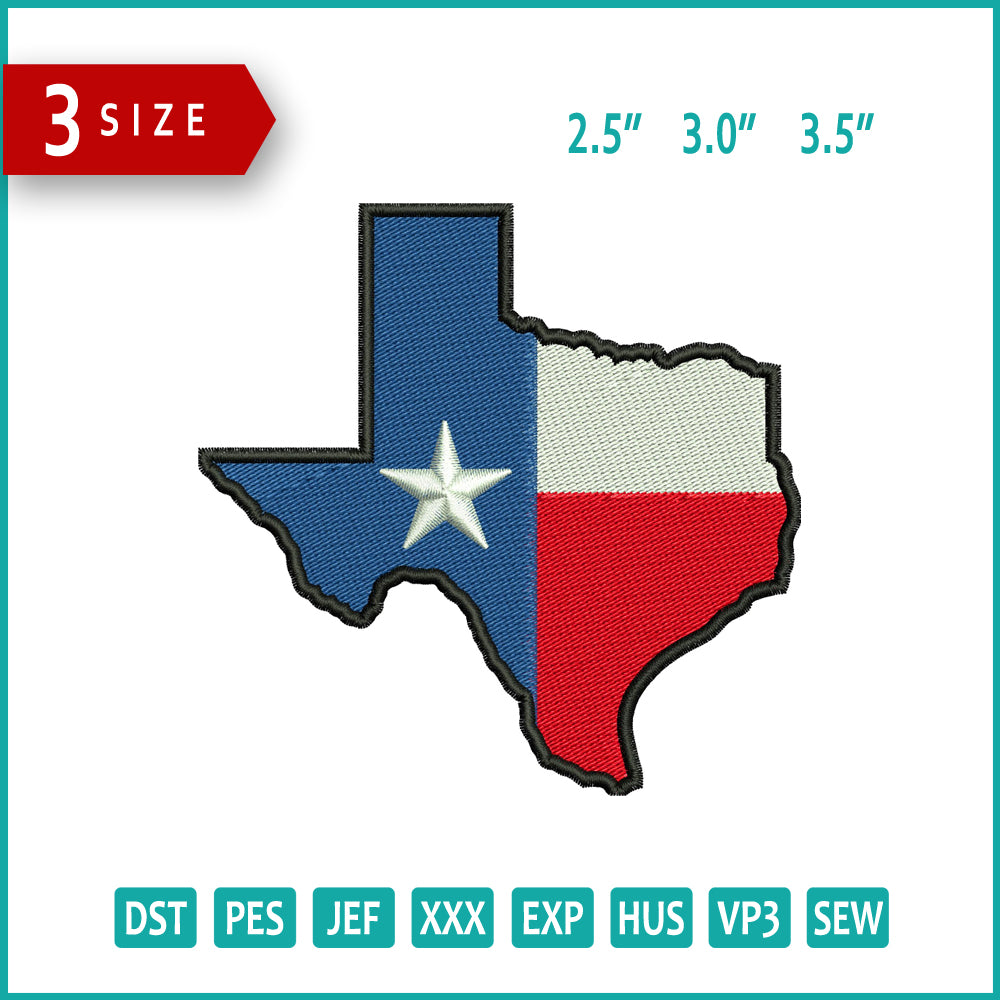 Archivos de diseño de bordado de la bandera del mapa de Texas - 3 tamaños