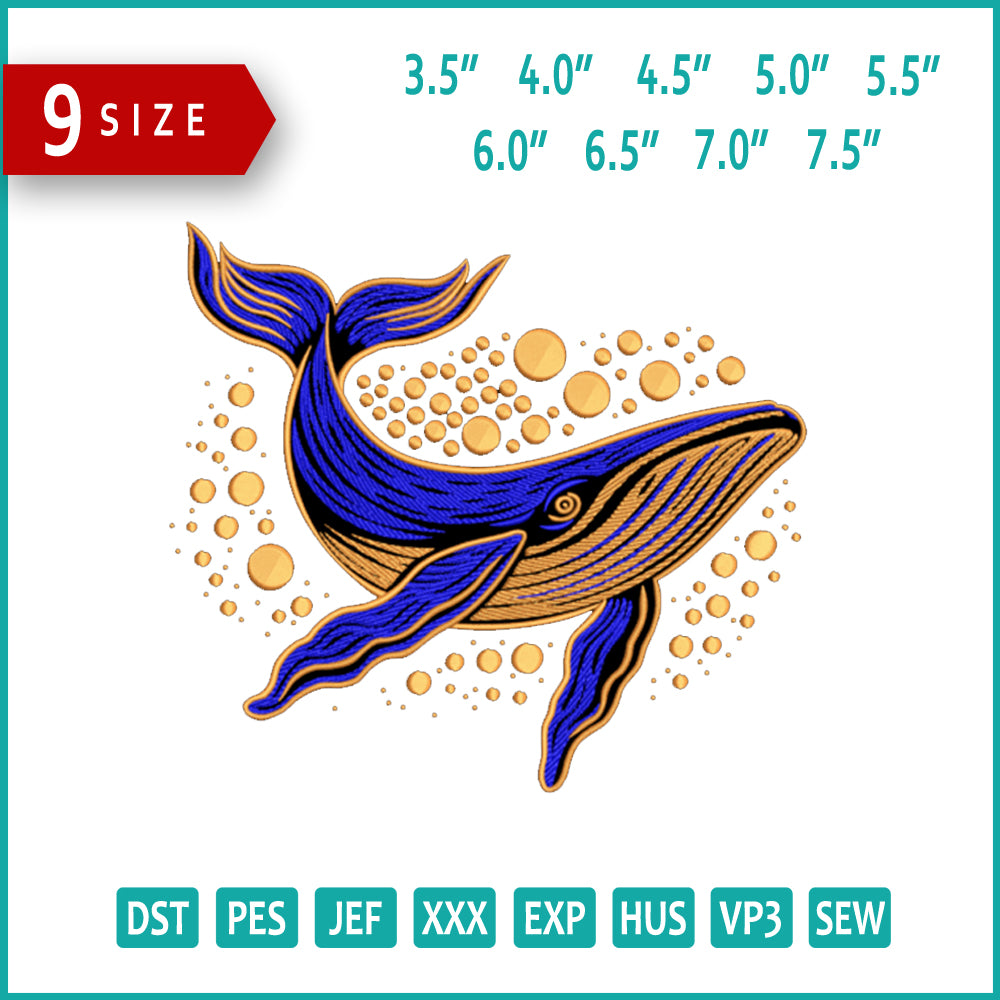Blue Whale Embroidery Design Files - 9 Size's