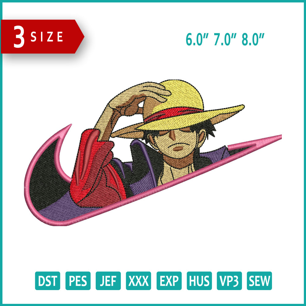 Archivos de diseño de bordado de Nike con Monkey D. Luffy (3 tamaños)