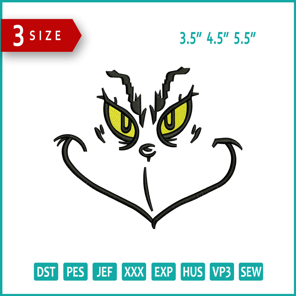 Archivos de diseño de bordado de Grinch Face v5 (3 tamaños)