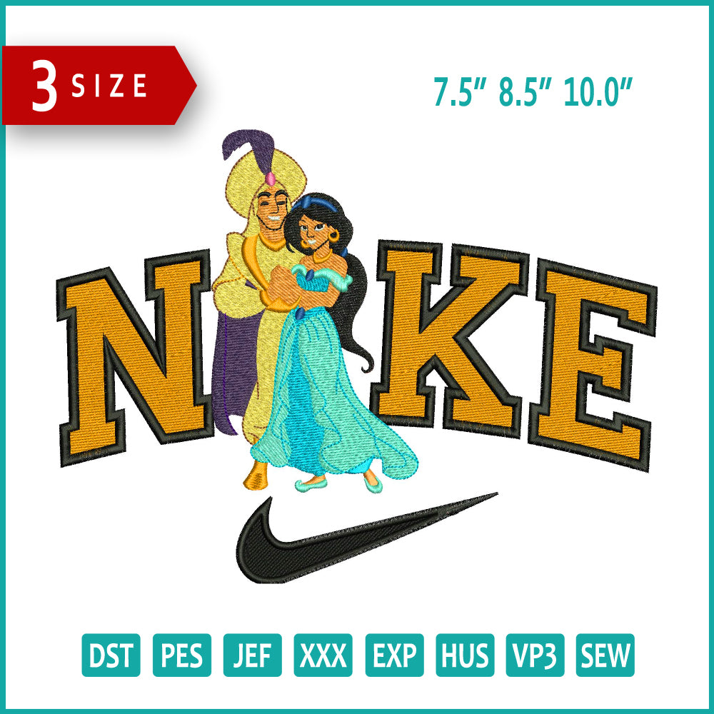 Archivos de diseño de bordado de Nike Aladdin y Jasmine (3 tamaños)