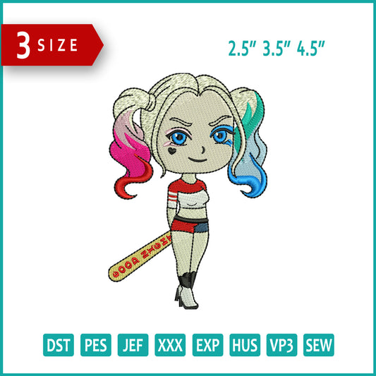 Archivos de diseño de bordado de Harley Quinn Chibi - 3 tamaños
