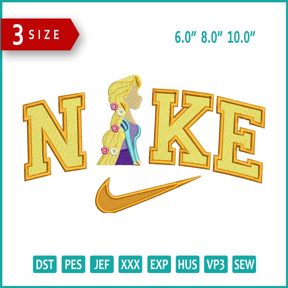 Archivos de diseño de bordado Nike Rapunzel de medio cuerpo (3 tamaños)